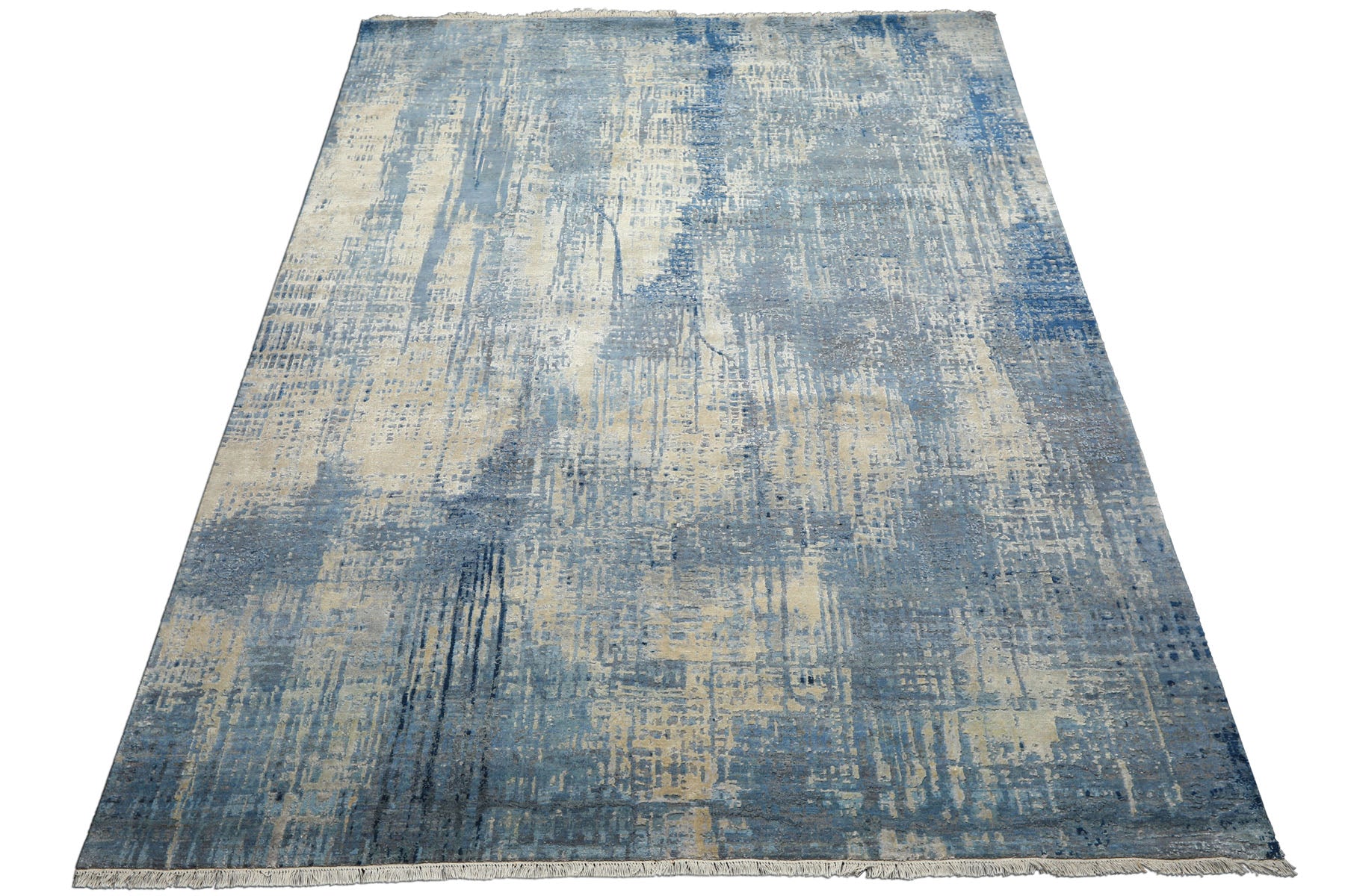 8x10 Beige, Blue, Color Hand Knotted Sherpa Wool and Silk Modern & Contemporary Oriental Rug