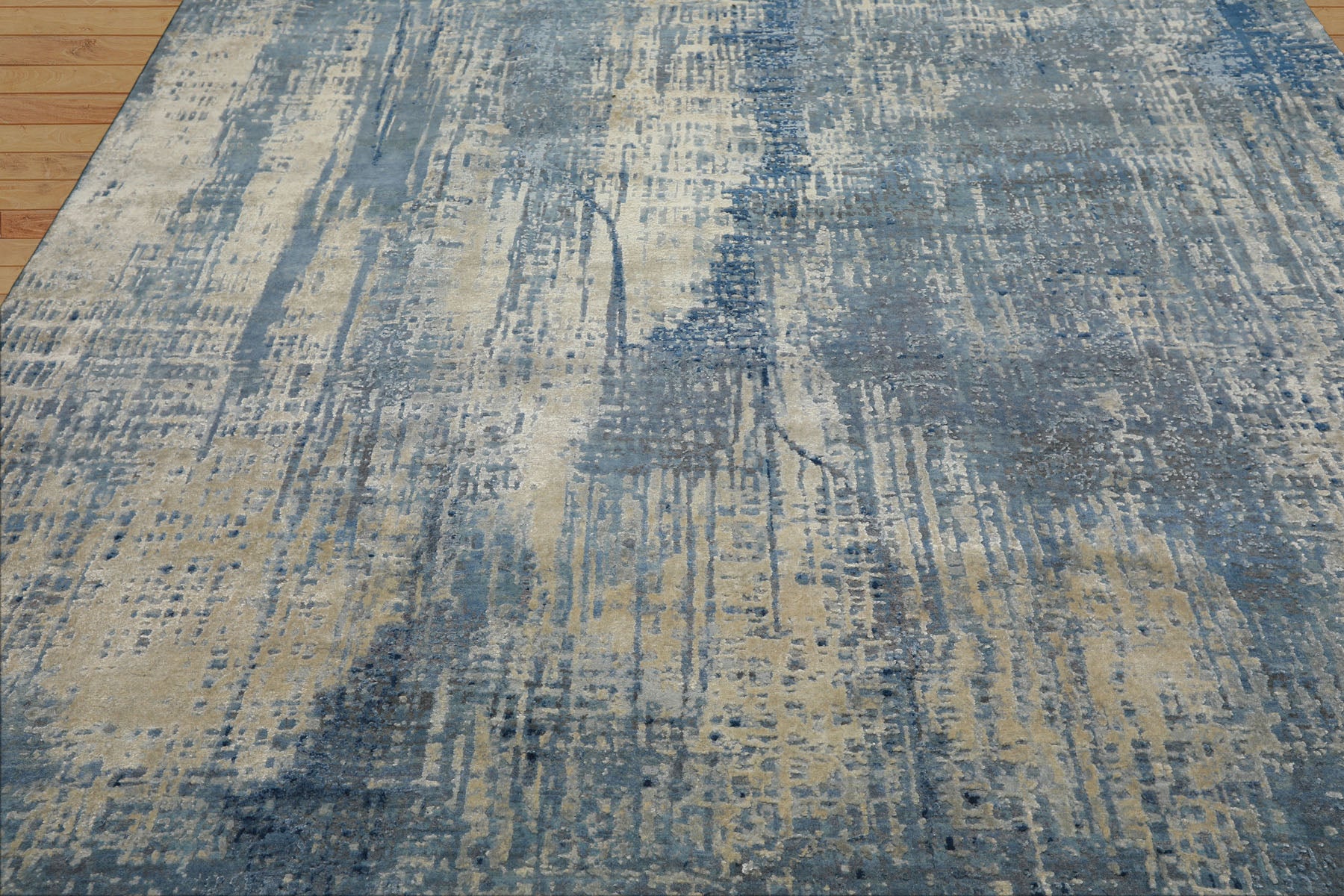 8x10 Beige, Blue, Color Hand Knotted Sherpa Wool and Silk Modern & Contemporary Oriental Rug