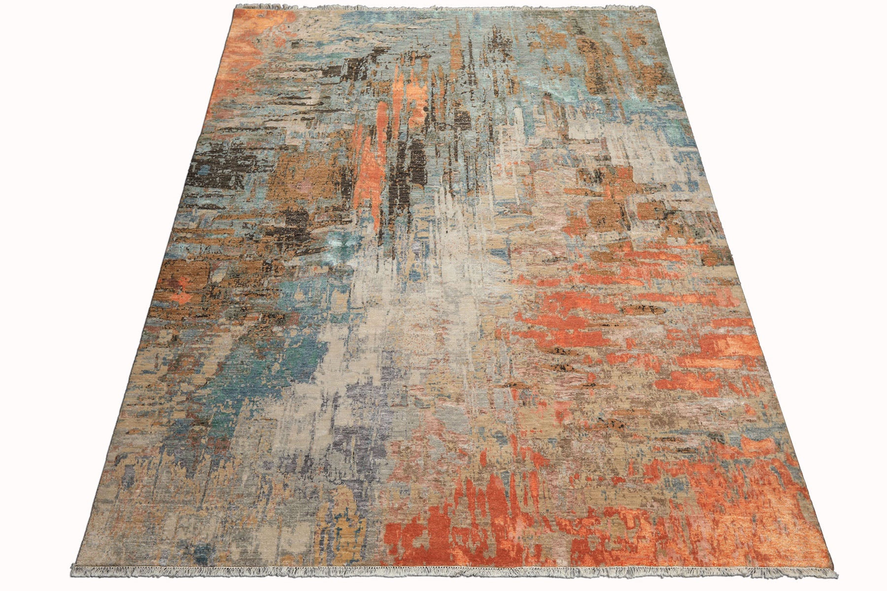 8x10 Beige, Coral, Aqua Color Hand Knotted Sherpa Wool and Silk Modern & Contemporary Oriental Rug