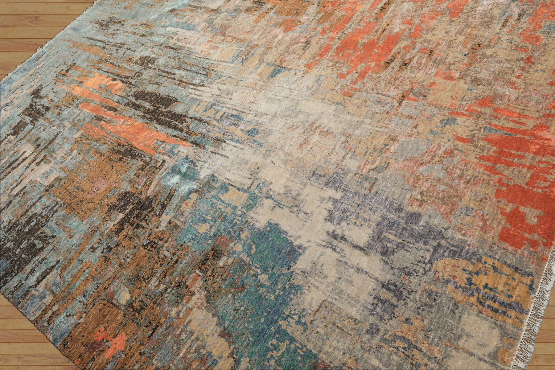 8x10 Beige, Coral, Aqua Color Hand Knotted Sherpa Wool and Silk Modern & Contemporary Oriental Rug