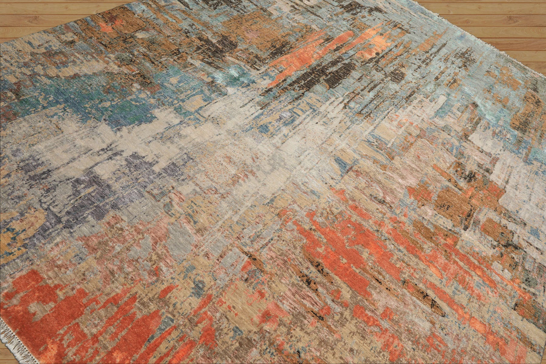 8x10 Beige, Coral, Aqua Color Hand Knotted Sherpa Wool and Silk Modern & Contemporary Oriental Rug