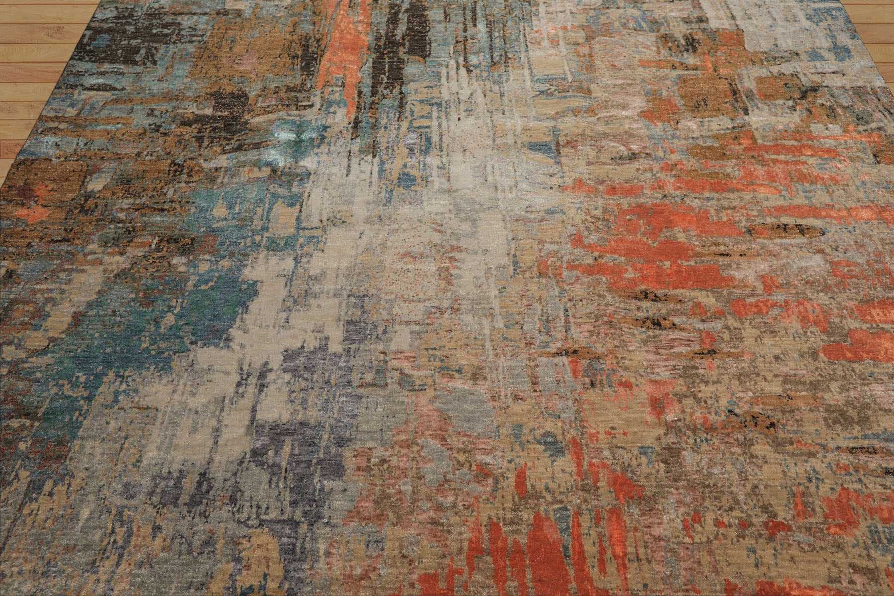 8x10 Beige, Coral, Aqua Color Hand Knotted Sherpa Wool and Silk Modern & Contemporary Oriental Rug