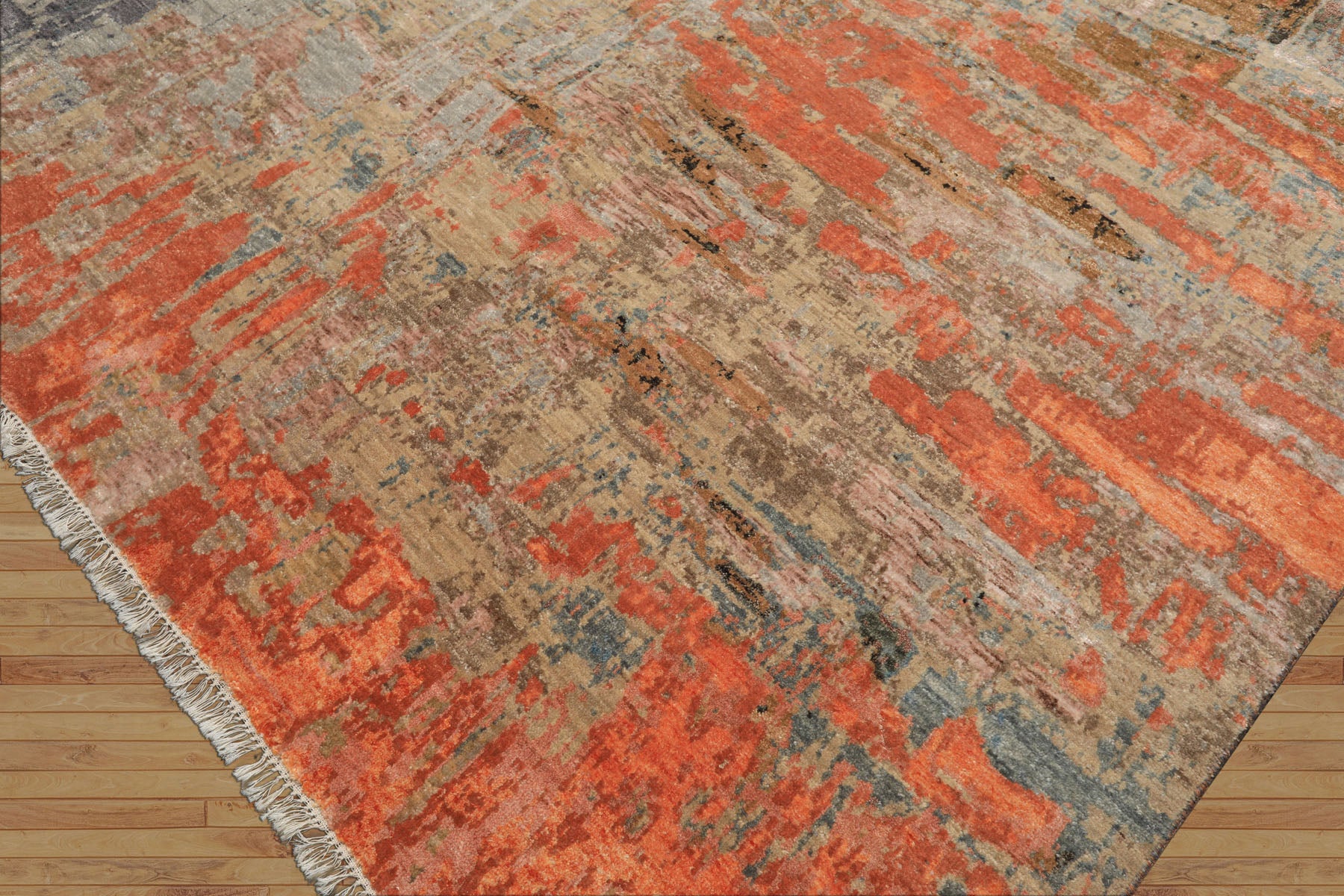 8x10 Beige, Coral, Aqua Color Hand Knotted Sherpa Wool and Silk Modern & Contemporary Oriental Rug