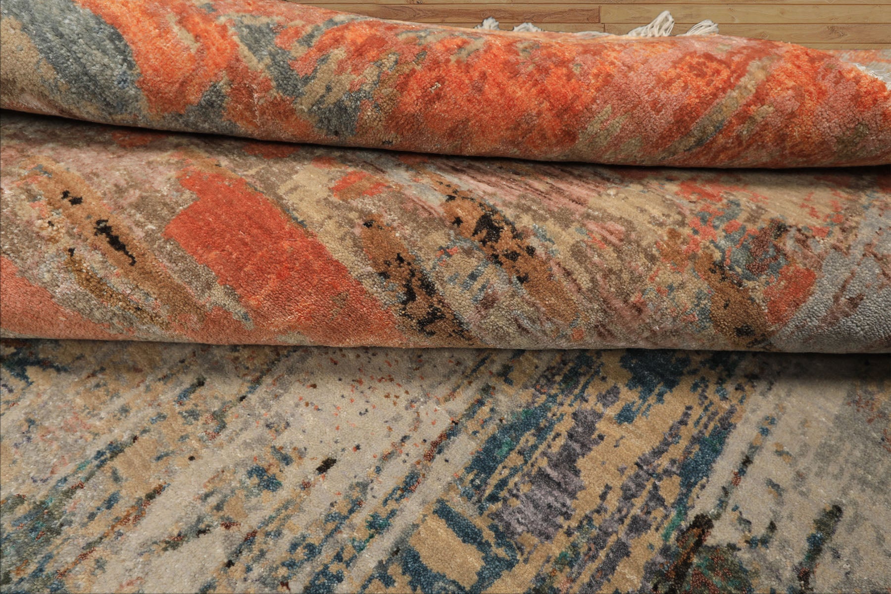 8x10 Beige, Coral, Aqua Color Hand Knotted Sherpa Wool and Silk Modern & Contemporary Oriental Rug