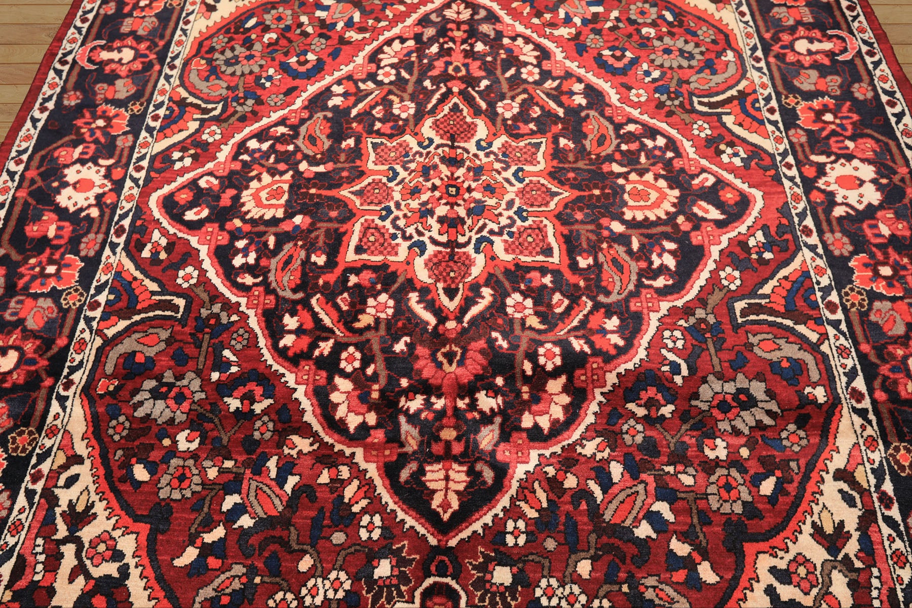 7x10 Rust, Ivory, Midnight Blue Color Hand Knotted Bakhtiari Wool Traditional Oriental Rug