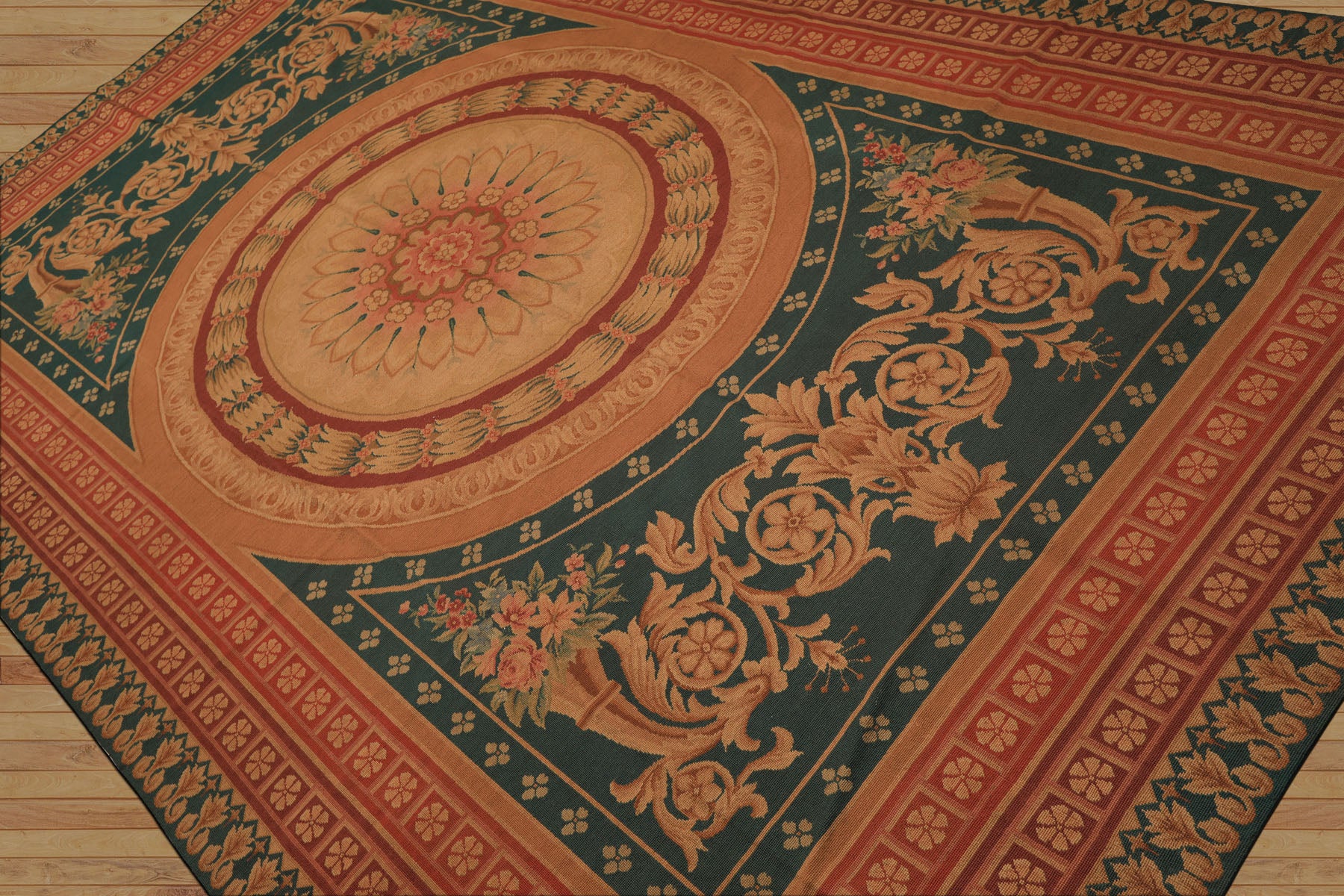 7x11 Teal, Tan, Brown Color Hand Woven French Needlepoint Wool Traditional Oriental Rug