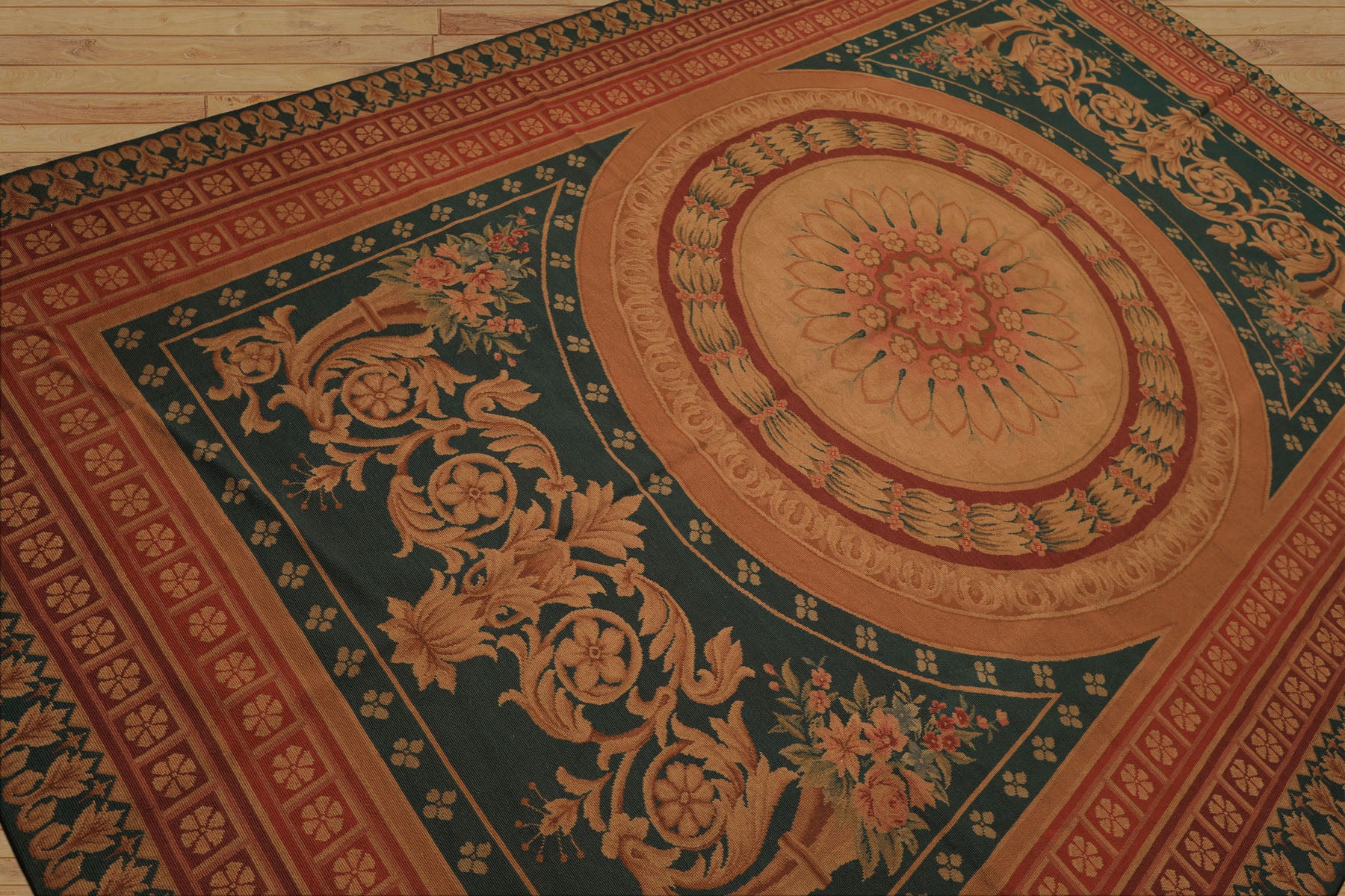 7x11 Teal, Tan, Brown Color Hand Woven French Needlepoint Wool Traditional Oriental Rug