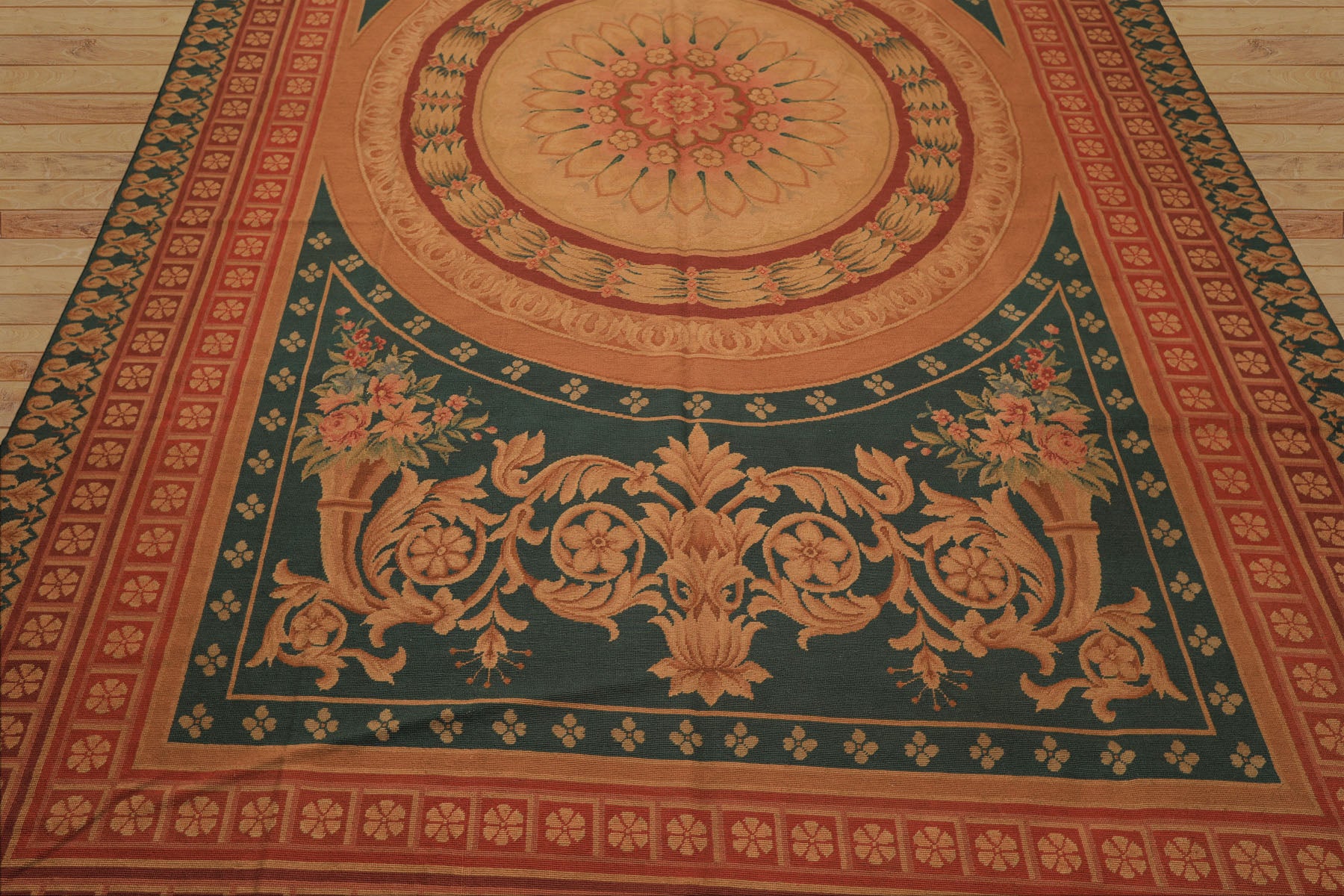 7x11 Teal, Tan, Brown Color Hand Woven French Needlepoint Wool Traditional Oriental Rug