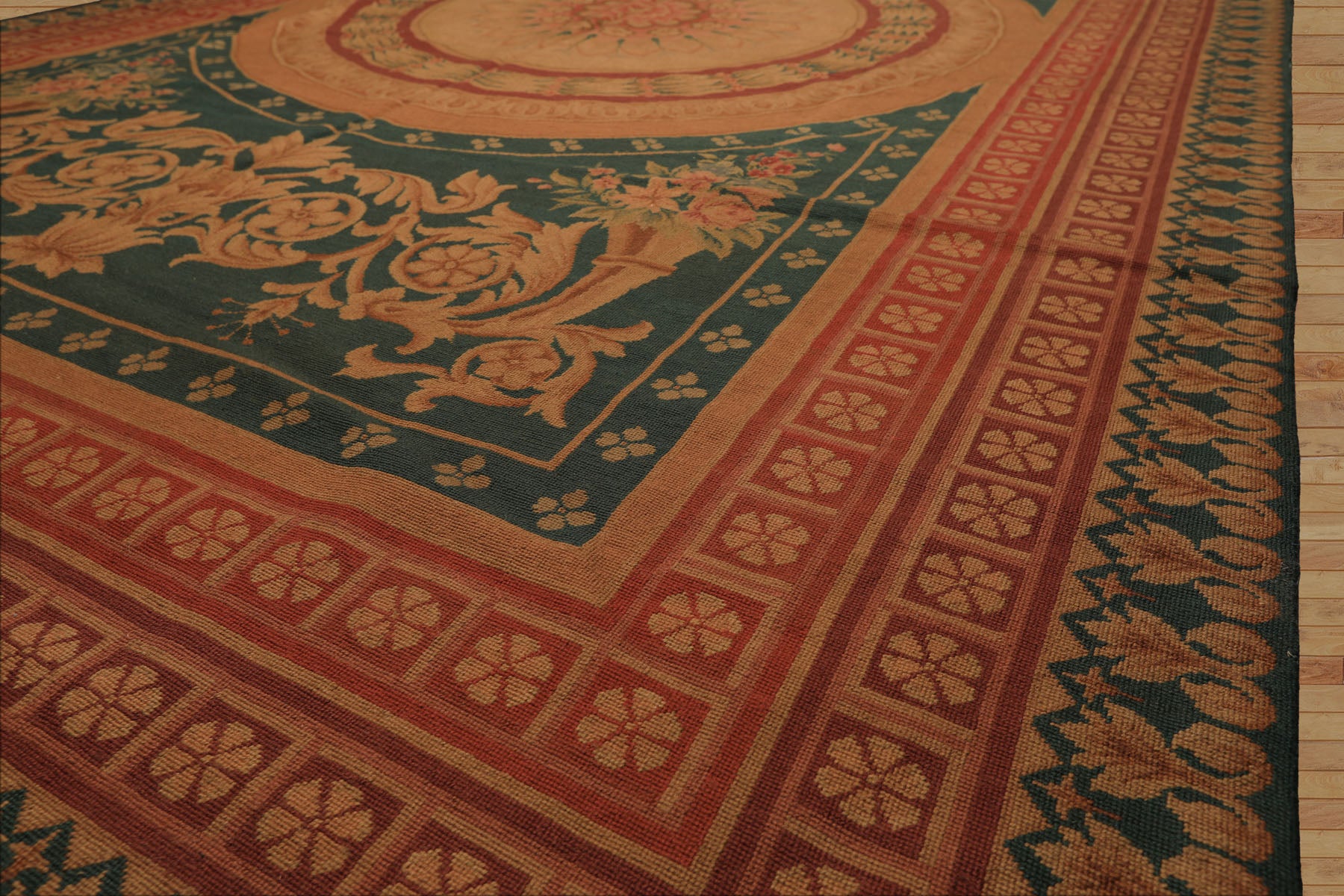 7x11 Teal, Tan, Brown Color Hand Woven French Needlepoint Wool Traditional Oriental Rug