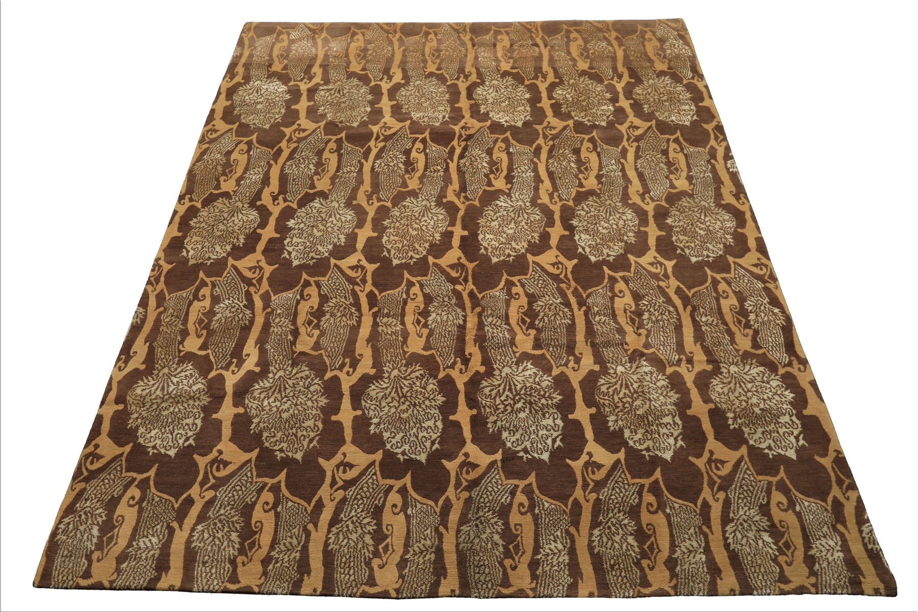 8x10 Brown, Gold, Celadon Color Hand Knotted Tibetan Wool & Silk Transitional Oriental Rug