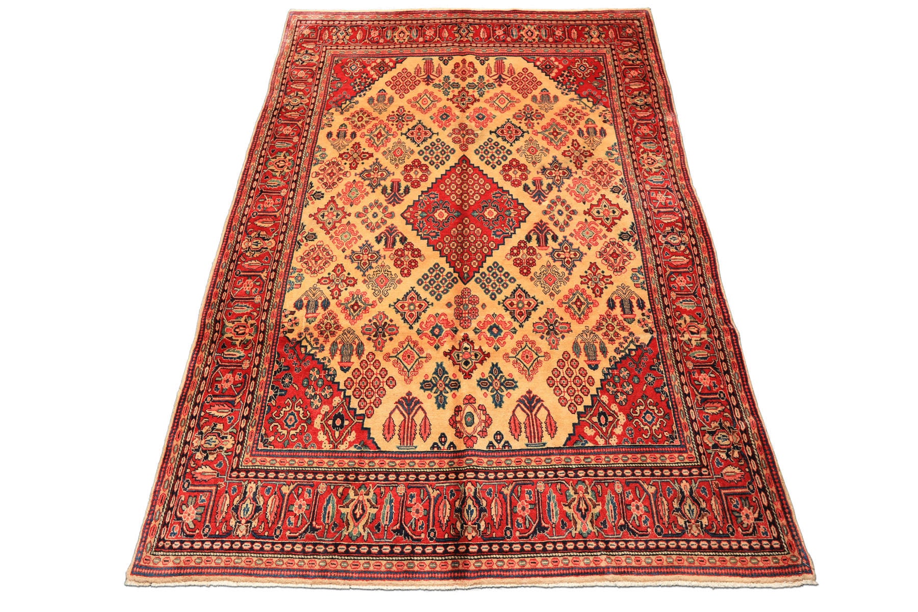 7x10 Light Gold, Ivory, Red Color Hand Knotted Meimeh Wool Traditional Oriental Rug