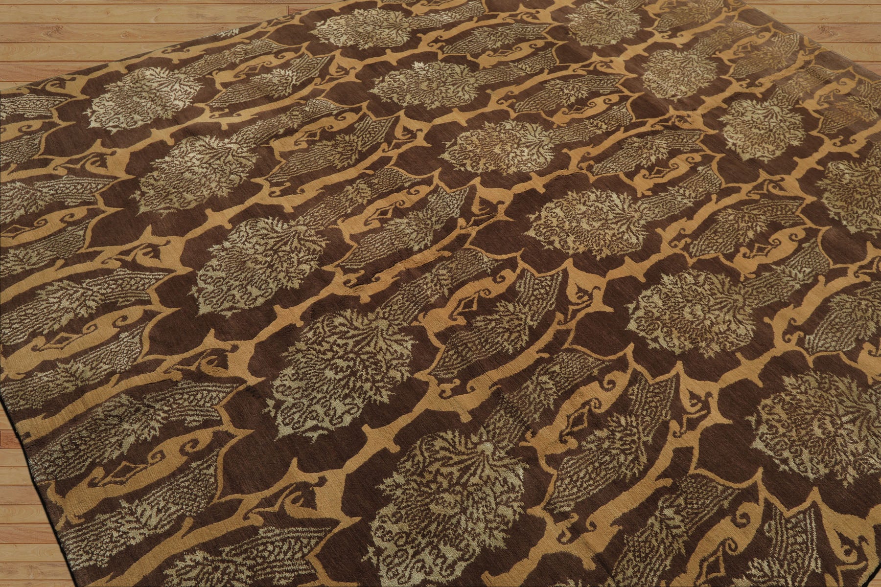 8x10 Brown, Gold, Celadon Color Hand Knotted Tibetan Wool & Silk Transitional Oriental Rug