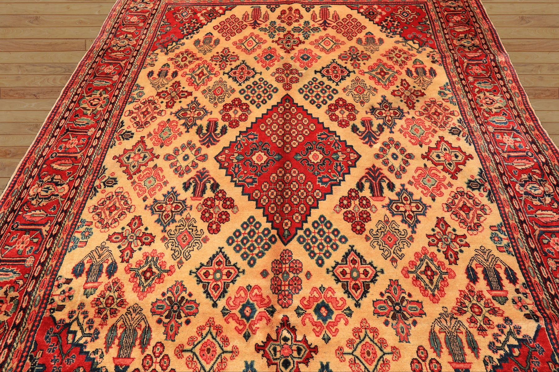 7x10 Light Gold, Ivory, Red Color Hand Knotted Meimeh Wool Traditional Oriental Rug