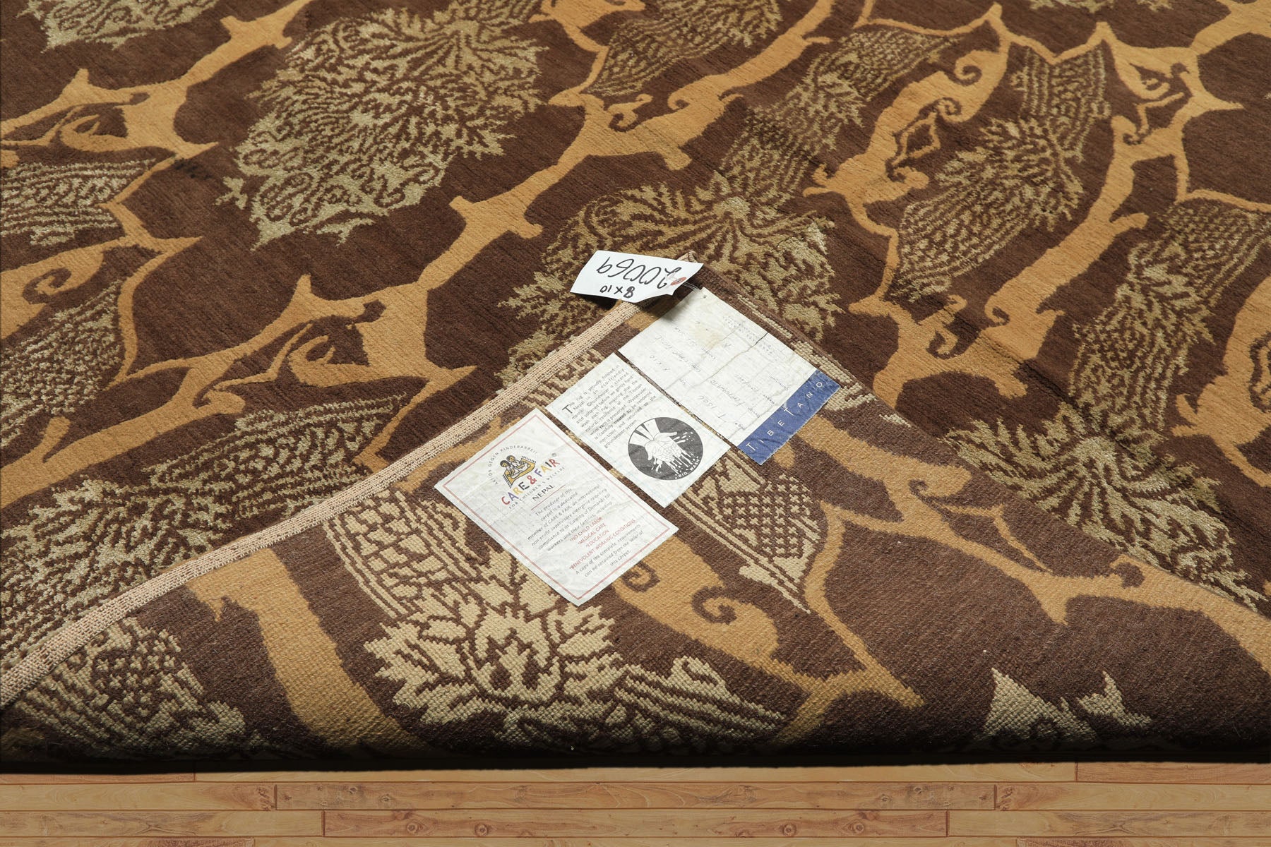 8x10 Brown, Gold, Celadon Color Hand Knotted Tibetan Wool & Silk Transitional Oriental Rug