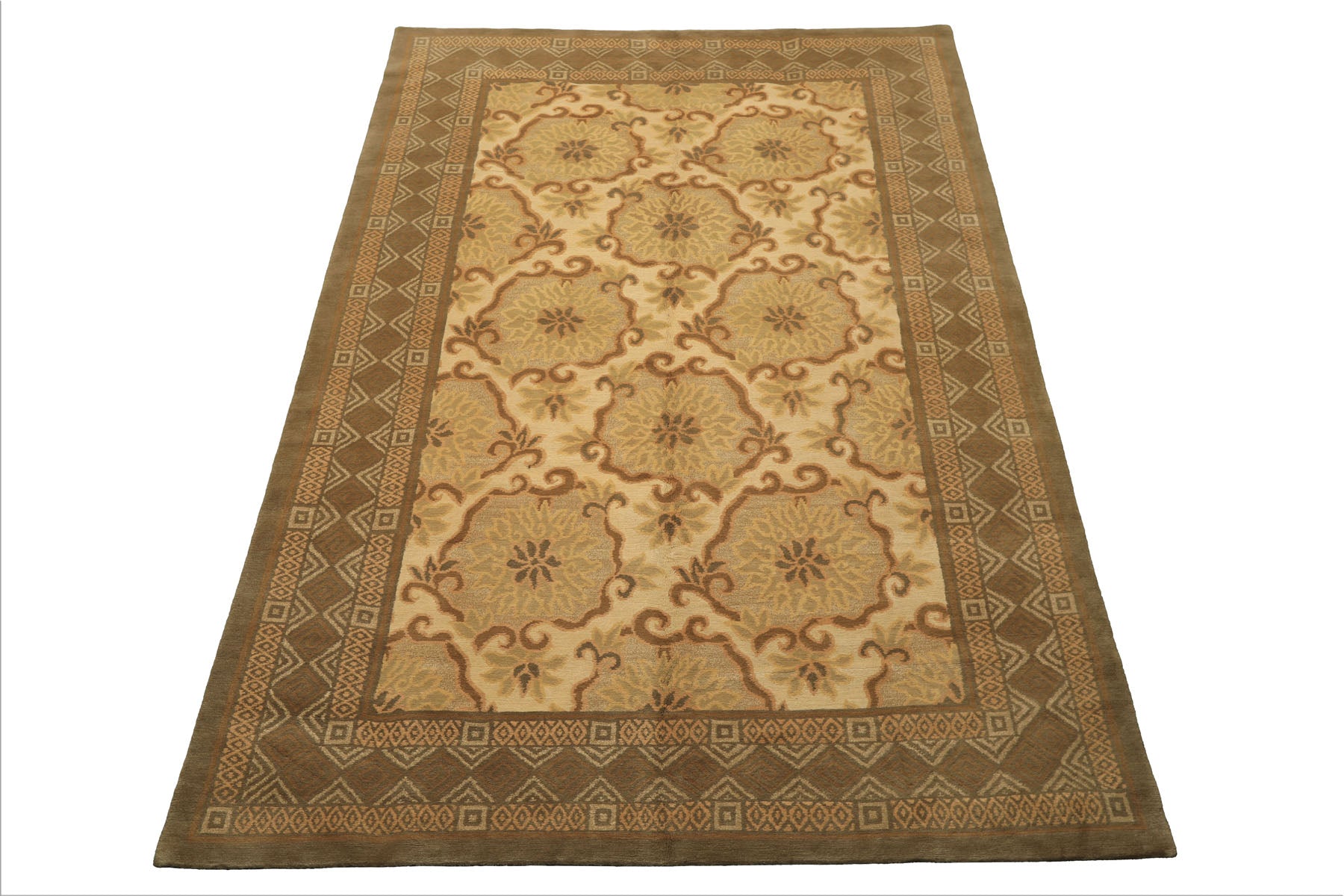6x9 Beige, Moss, Brown Color Hand Knotted Tibetan Wool & Silk Transitional Oriental Rug