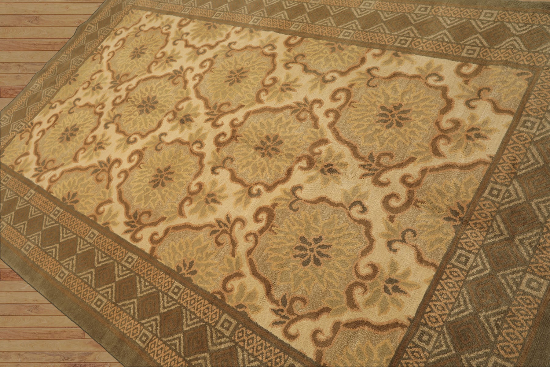 6x9 Beige, Moss, Brown Color Hand Knotted Tibetan Wool & Silk Transitional Oriental Rug