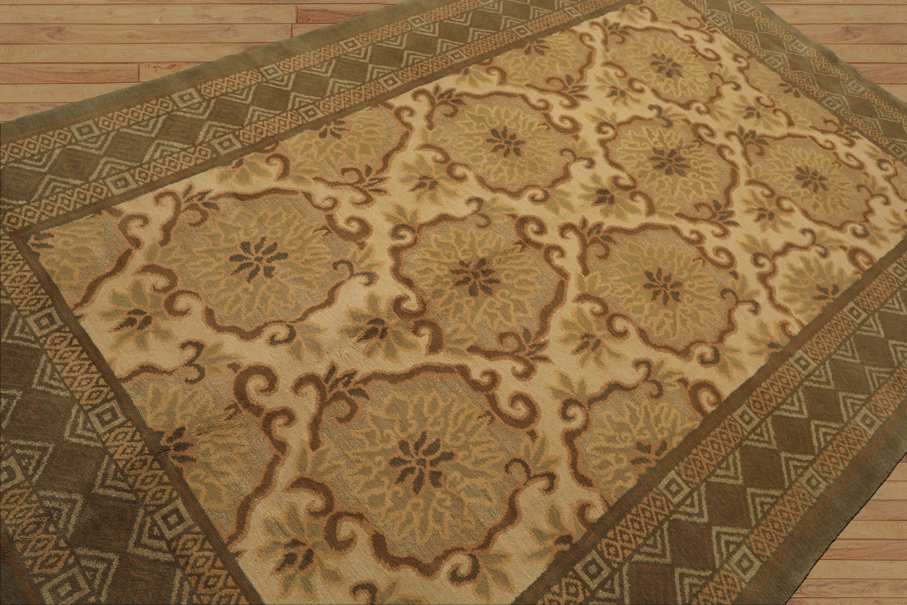 6x9 Beige, Moss, Brown Color Hand Knotted Tibetan Wool & Silk Transitional Oriental Rug