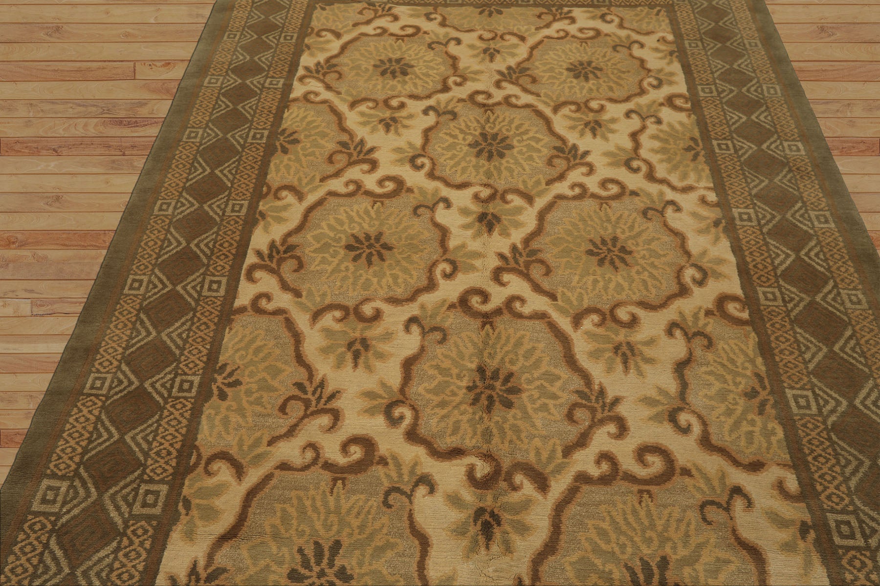 6x9 Beige, Moss, Brown Color Hand Knotted Tibetan Wool & Silk Transitional Oriental Rug