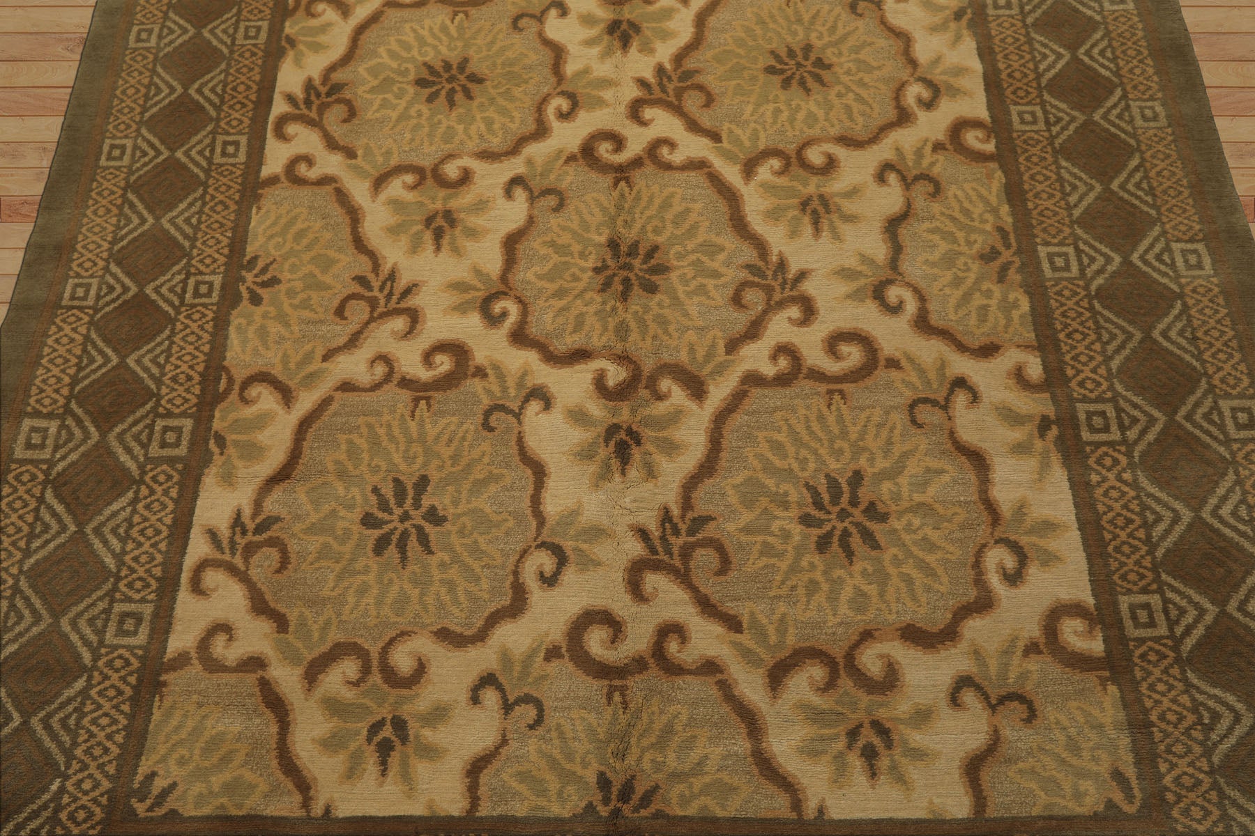 6x9 Beige, Moss, Brown Color Hand Knotted Tibetan Wool & Silk Transitional Oriental Rug