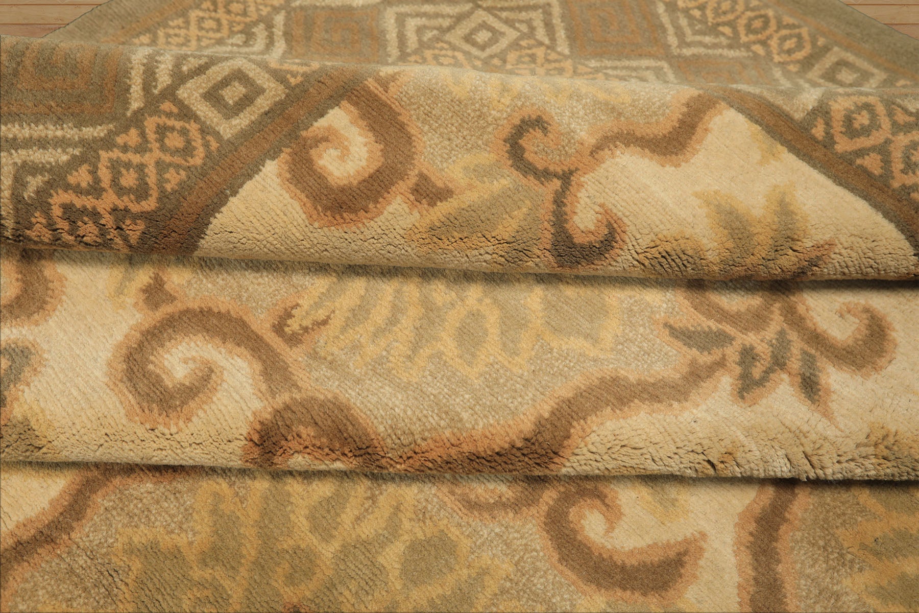 6x9 Beige, Moss, Brown Color Hand Knotted Tibetan Wool & Silk Transitional Oriental Rug