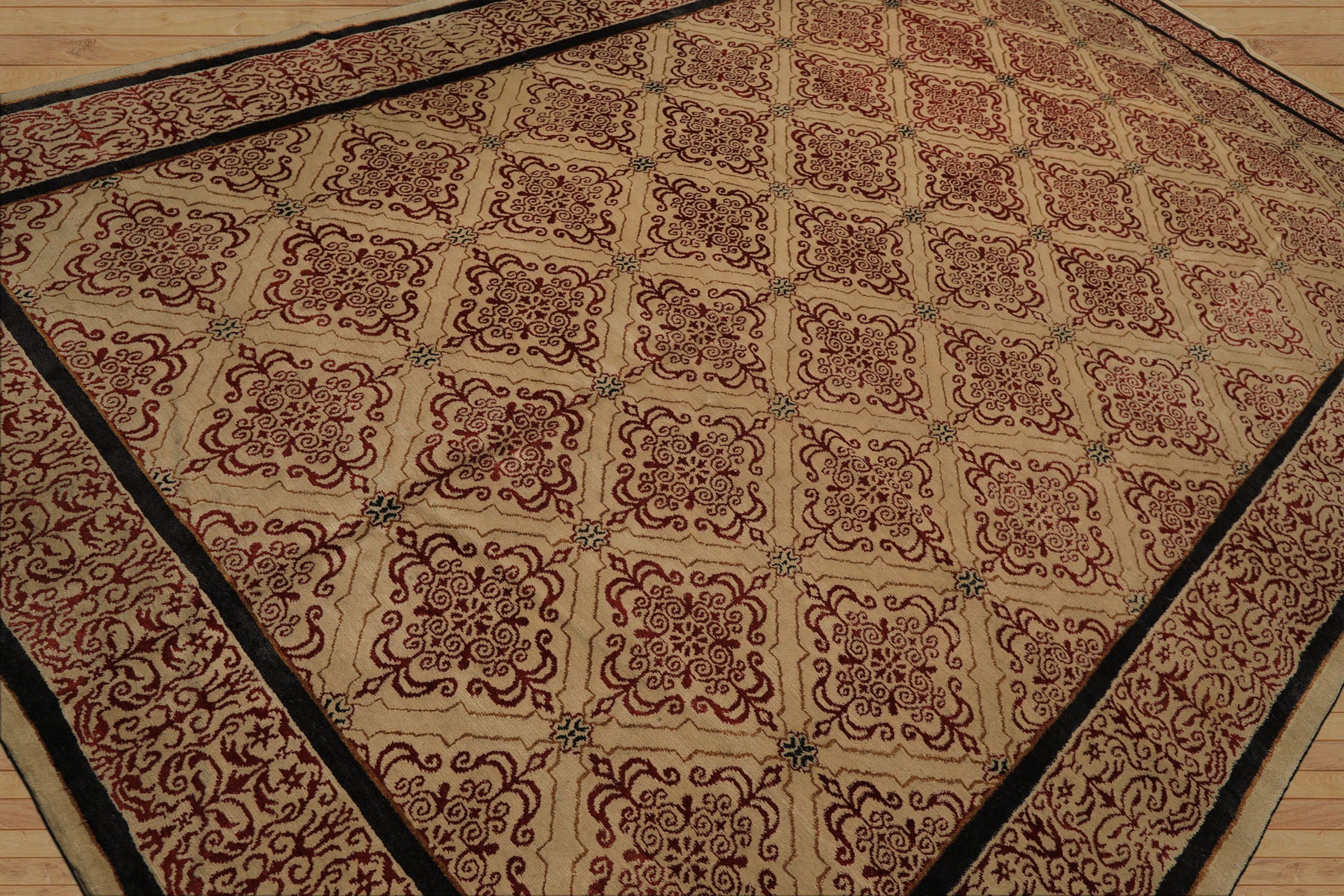 8x12 Beige, Burgundy, Charcoal Color Hand Knotted Tibetan Wool & Silk Transitional Oriental Rug