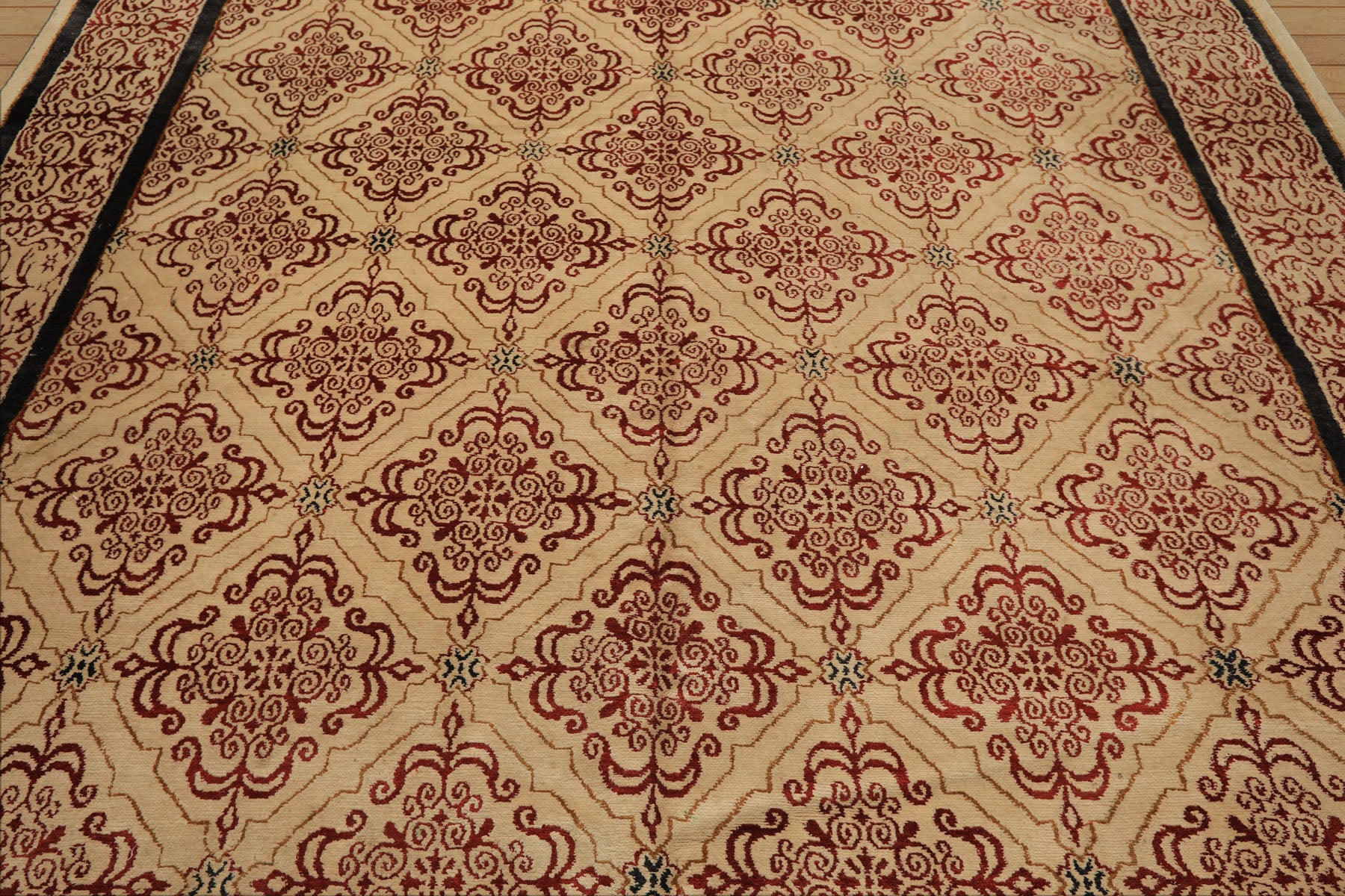 8x12 Beige, Burgundy, Charcoal Color Hand Knotted Tibetan Wool & Silk Transitional Oriental Rug