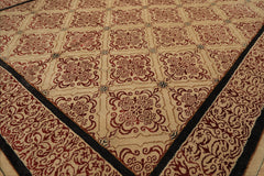 8x12 Beige, Burgundy, Charcoal Color Hand Knotted Tibetan Wool & Silk Transitional Oriental Rug