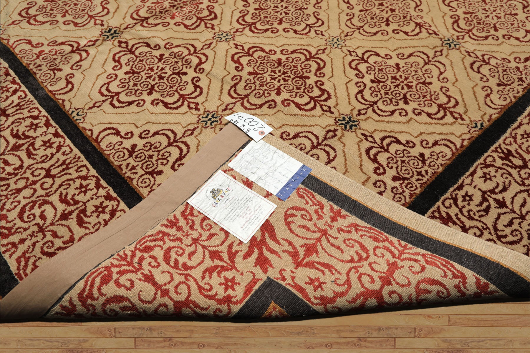 8x12 Beige, Burgundy, Charcoal Color Hand Knotted Tibetan Wool & Silk Transitional Oriental Rug