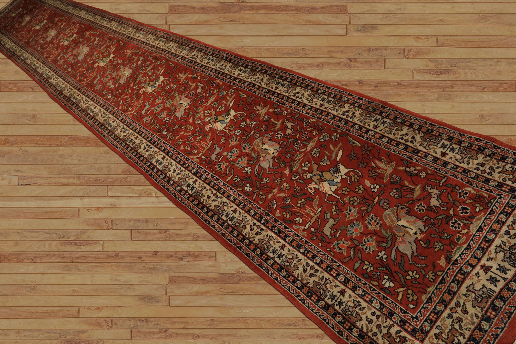Runner Burnt Orange, Ivory, Navy Color Hand Knotted Kashan Wool Traditional Oriental Rug
