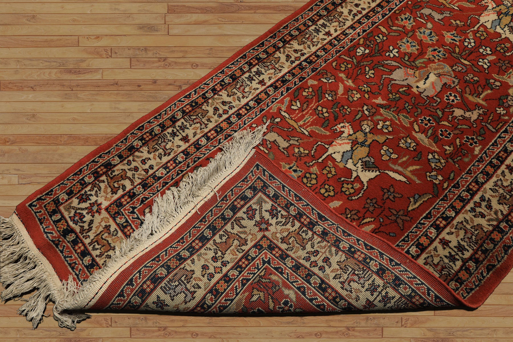 Runner Burnt Orange, Ivory, Navy Color Hand Knotted Kashan Wool Traditional Oriental Rug