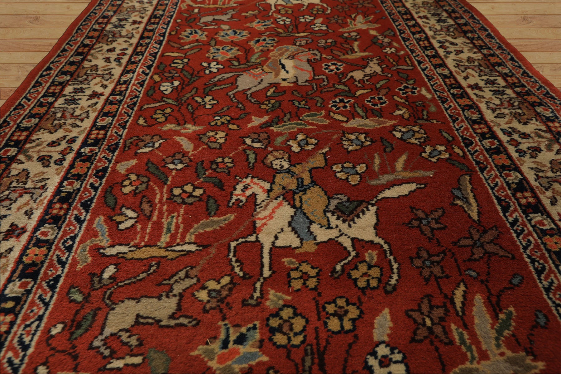 Runner Burnt Orange, Ivory, Navy Color Hand Knotted Kashan Wool Traditional Oriental Rug