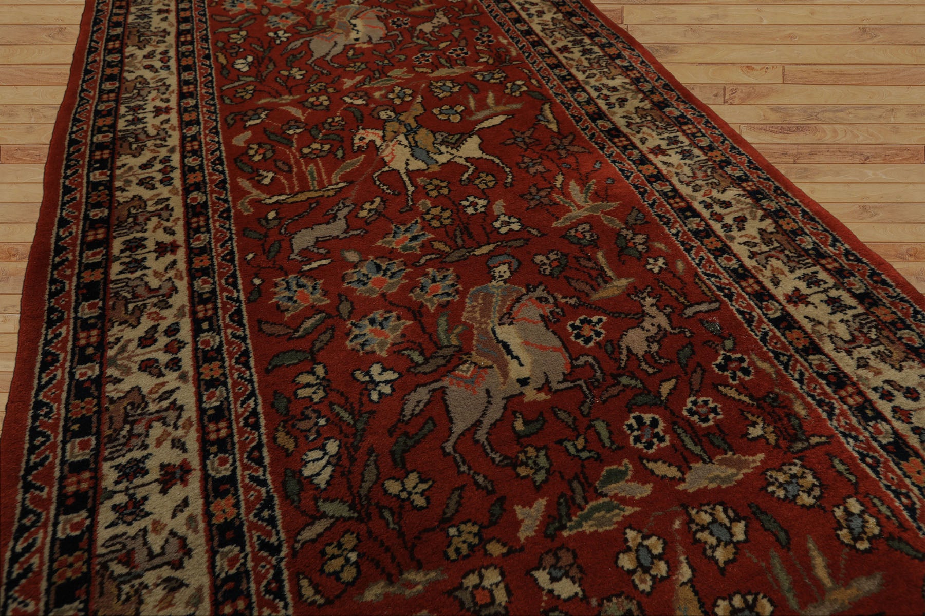 Runner Burnt Orange, Ivory, Navy Color Hand Knotted Kashan Wool Traditional Oriental Rug