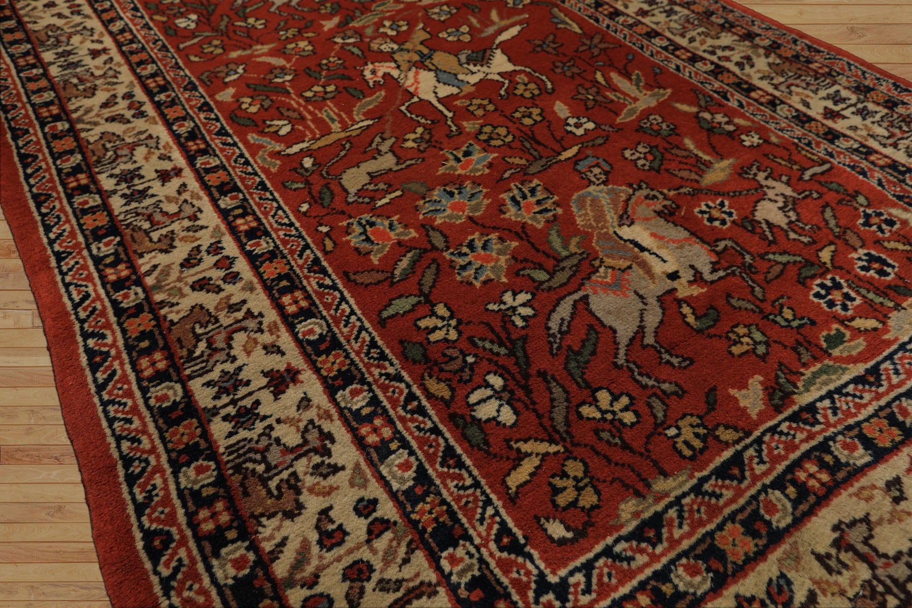 Runner Burnt Orange, Ivory, Navy Color Hand Knotted Kashan Wool Traditional Oriental Rug