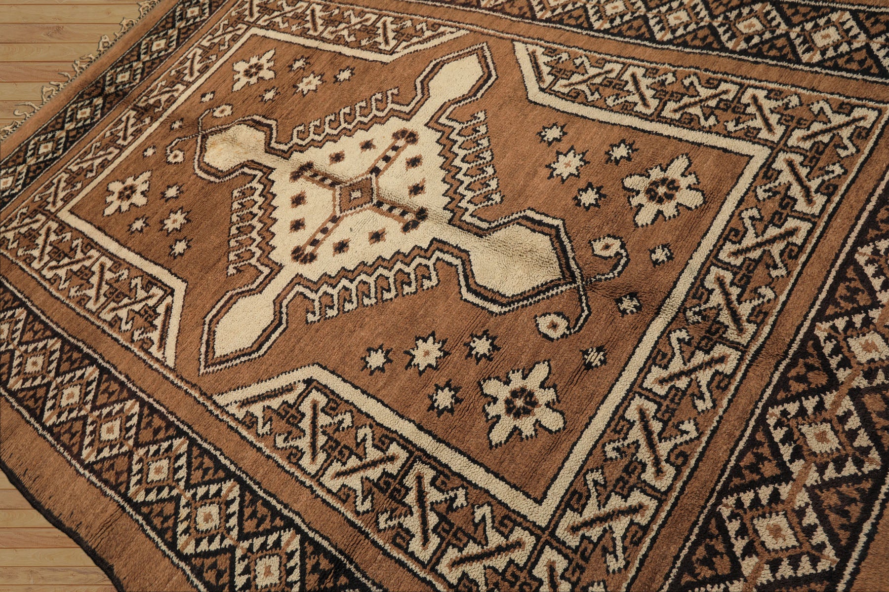 6x9 Mocha, Charcoal, Ivory Color Hand Knotted Moroccan Wool Traditional Oriental Rug