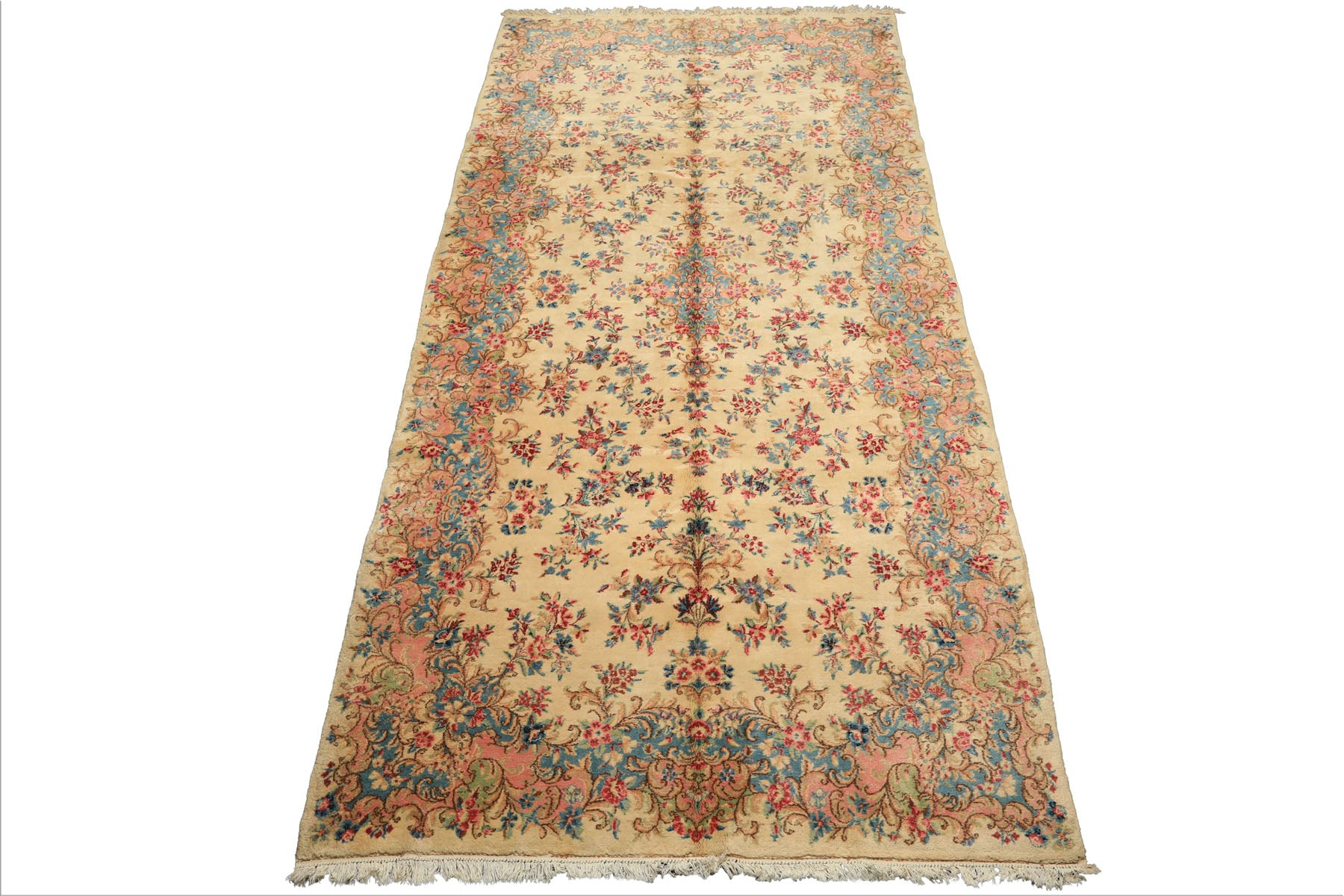 Runner Ivory, Aqua, Blush Color Hand Knotted Kerman Wool Modern & Contemporary Oriental Rug