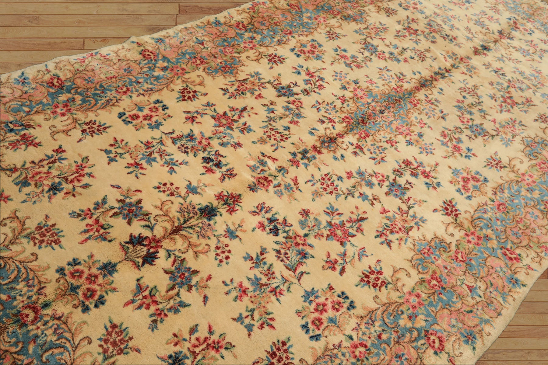 Runner Ivory, Aqua, Blush Color Hand Knotted Kerman Wool Modern & Contemporary Oriental Rug