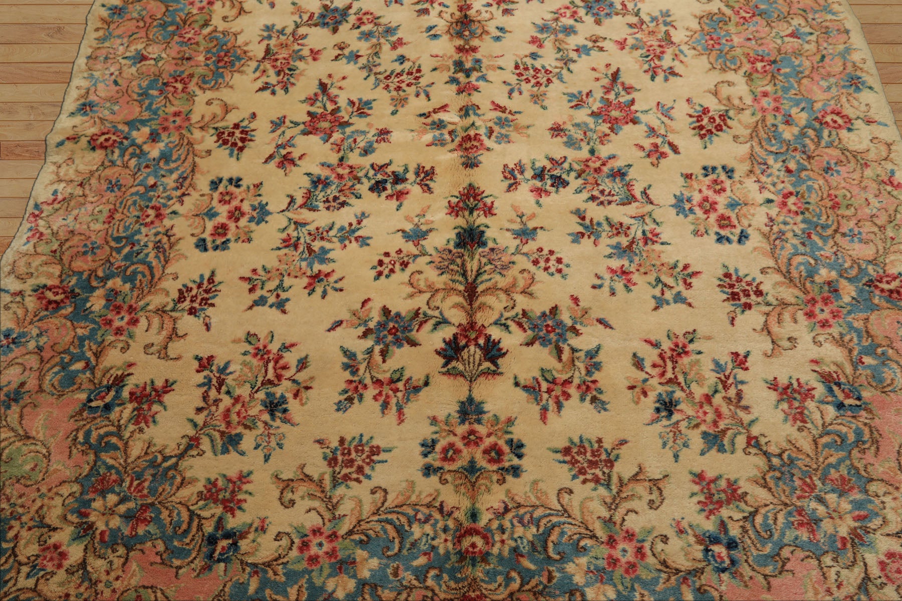 Runner Ivory, Aqua, Blush Color Hand Knotted Kerman Wool Modern & Contemporary Oriental Rug