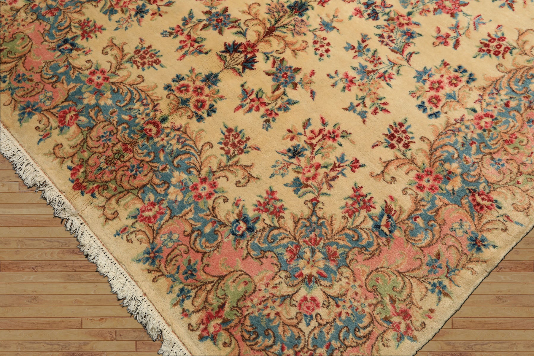 Runner Ivory, Aqua, Blush Color Hand Knotted Kerman Wool Modern & Contemporary Oriental Rug