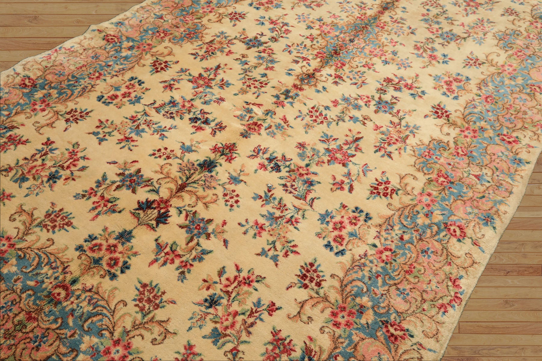 Runner Ivory, Aqua, Blush Color Hand Knotted Kerman Wool Modern & Contemporary Oriental Rug