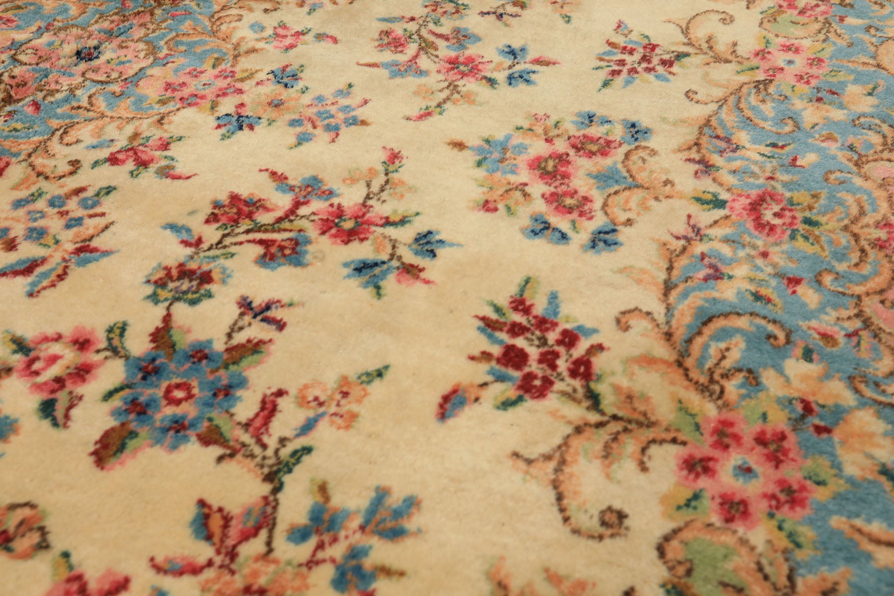 Runner Ivory, Aqua, Blush Color Hand Knotted Kerman Wool Modern & Contemporary Oriental Rug