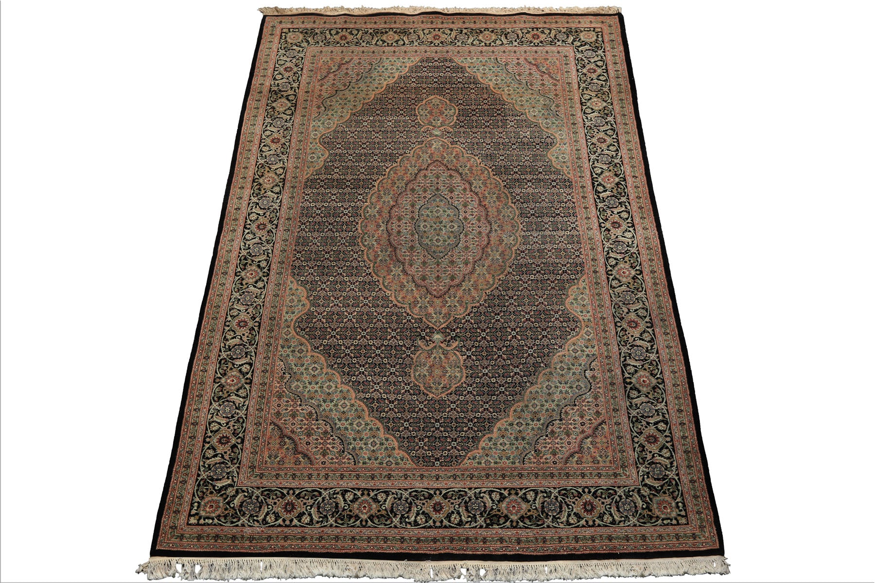 6x9 Black, Blush, Green Color Hand Knotted Tabriz Wool & Silk Traditional Oriental Rug