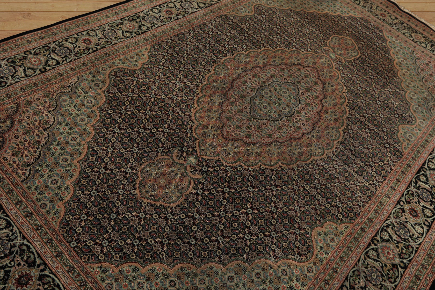 6x9 Black, Blush, Green Color Hand Knotted Tabriz Wool & Silk Traditional Oriental Rug