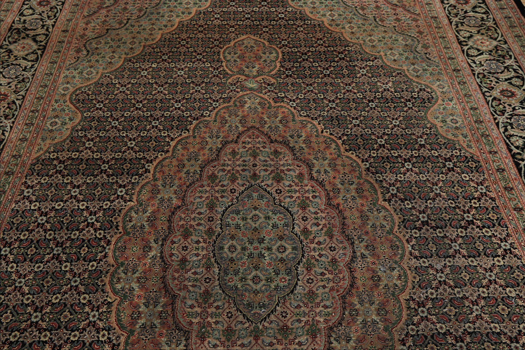 6x9 Black, Blush, Green Color Hand Knotted Tabriz Wool & Silk Traditional Oriental Rug