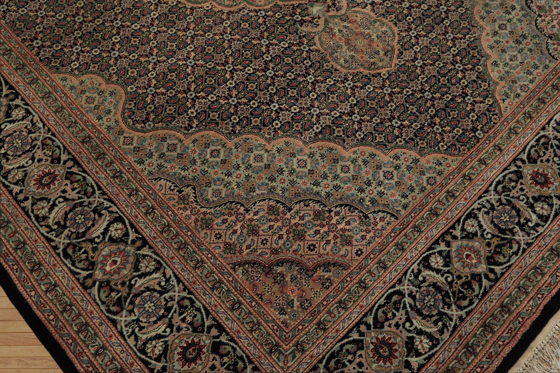 6x9 Black, Blush, Green Color Hand Knotted Tabriz Wool & Silk Traditional Oriental Rug