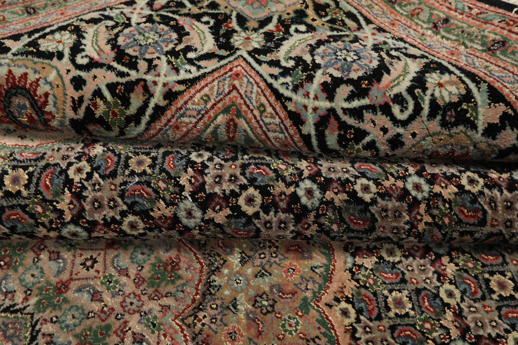 6x9 Black, Blush, Green Color Hand Knotted Tabriz Wool & Silk Traditional Oriental Rug