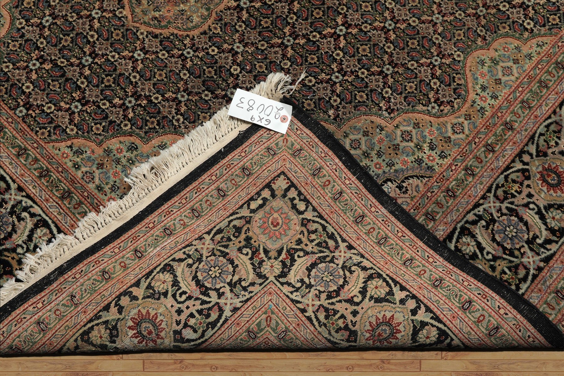 6x9 Black, Blush, Green Color Hand Knotted Tabriz Wool & Silk Traditional Oriental Rug