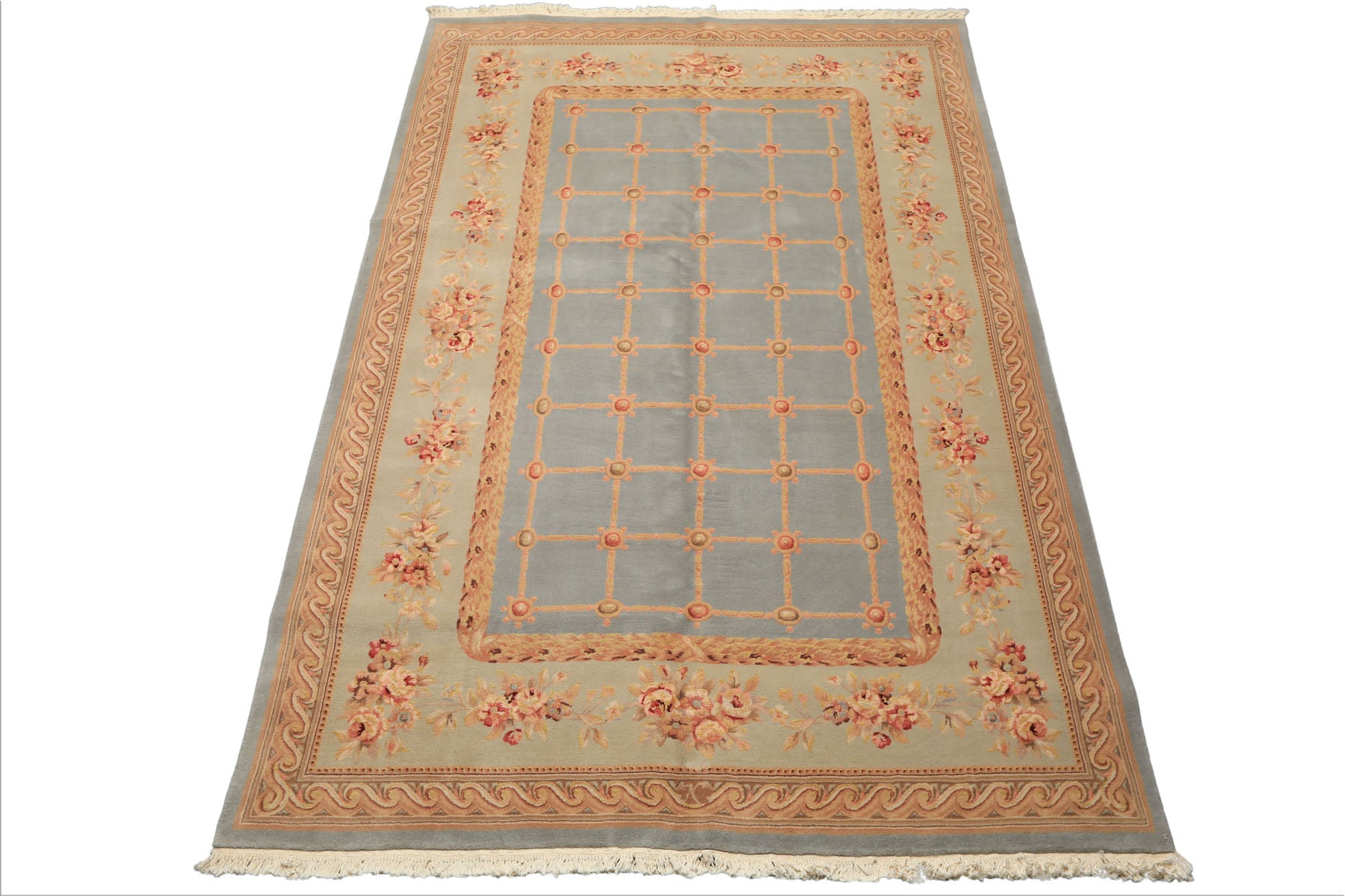 6x9 Aqua, Mint, Tan Color Hand Knotted French Aubusson Savonerrie Wool & Silk Traditional Oriental Rug