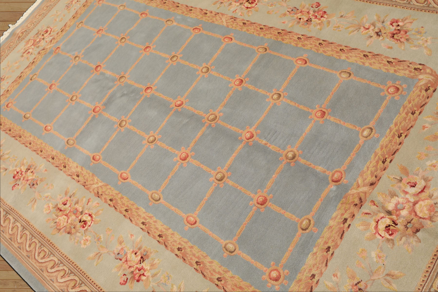 6x9 Aqua, Mint, Tan Color Hand Knotted French Aubusson Savonerrie Wool & Silk Traditional Oriental Rug