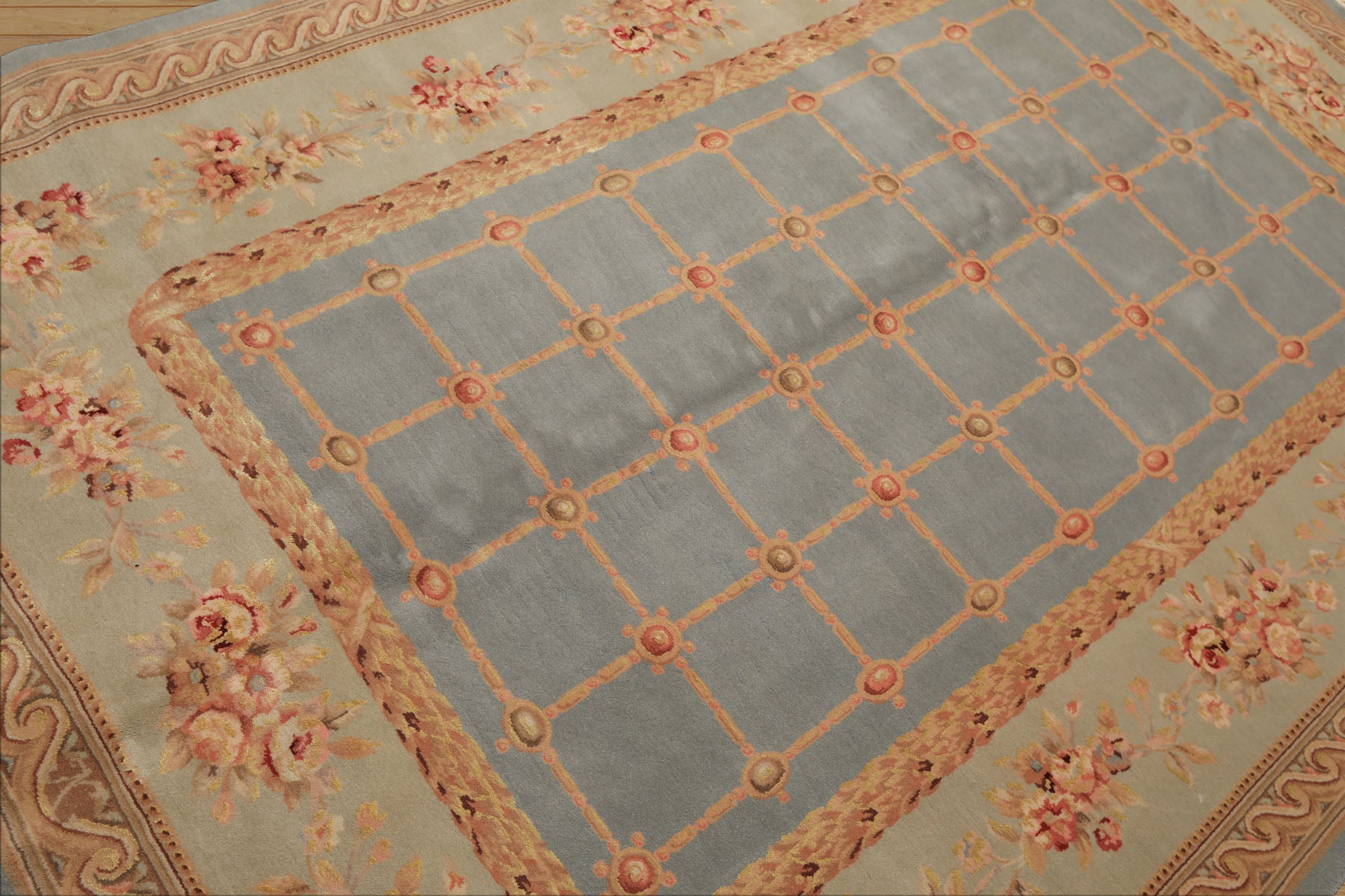 6x9 Aqua, Mint, Tan Color Hand Knotted French Aubusson Savonerrie Wool & Silk Traditional Oriental Rug
