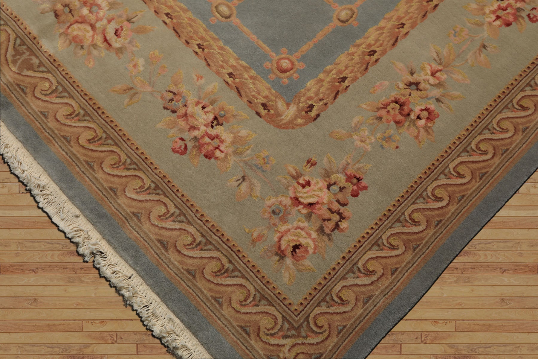 6x9 Aqua, Mint, Tan Color Hand Knotted French Aubusson Savonerrie Wool & Silk Traditional Oriental Rug